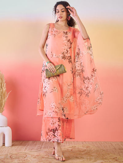 Peach Floral Print Kurta Palazzo
