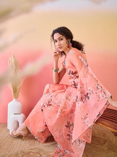 Peach Floral Print Kurta Palazzo