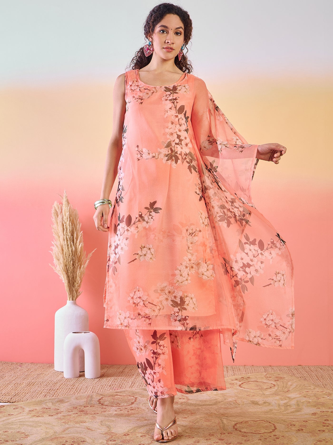 Peach Floral Print Kurta Palazzo