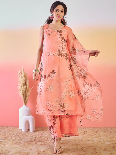 Peach Floral Print Kurta Palazzo