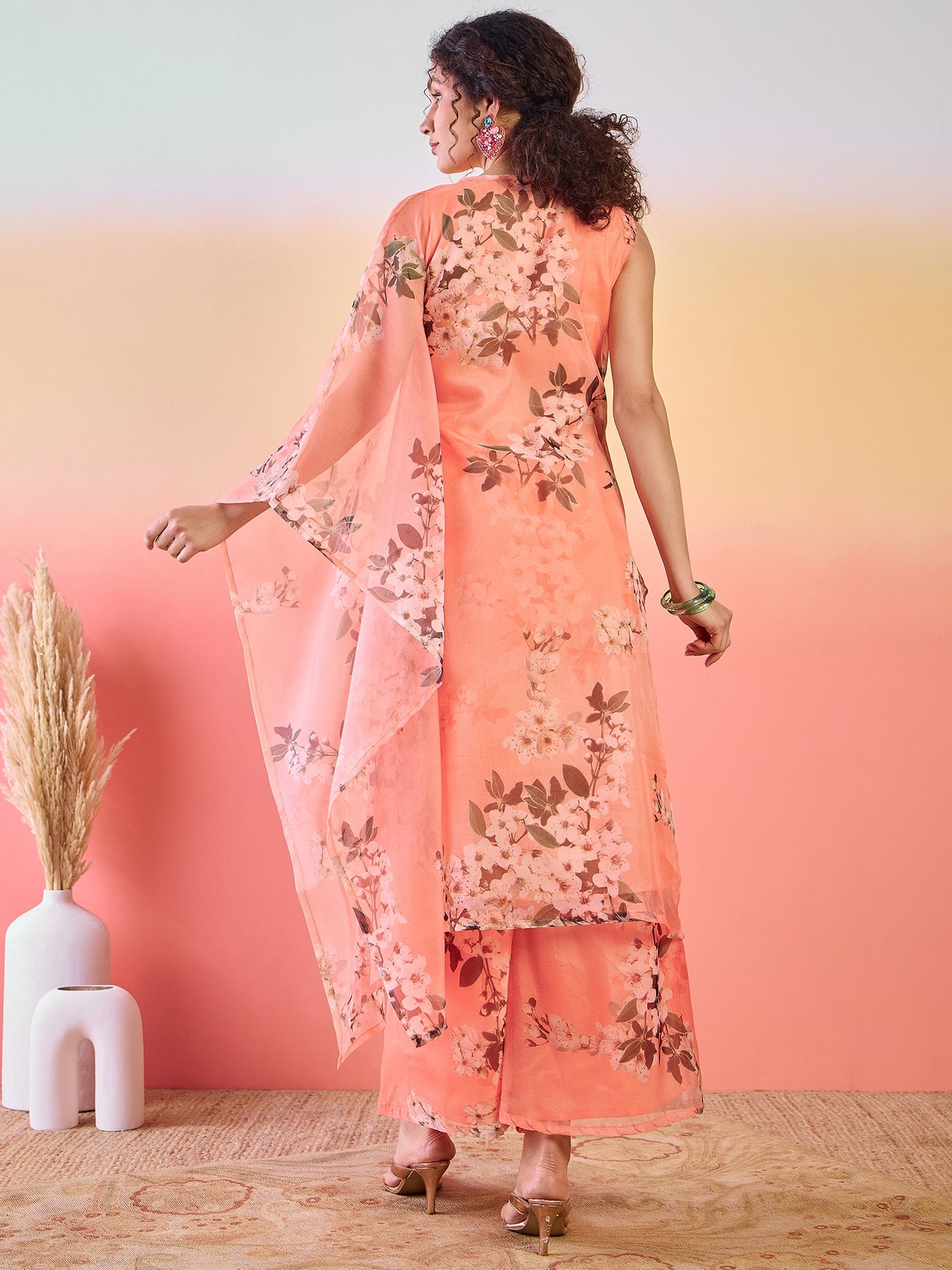 Peach Floral Print Kurta Palazzo