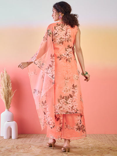 Peach Floral Print Kurta Palazzo