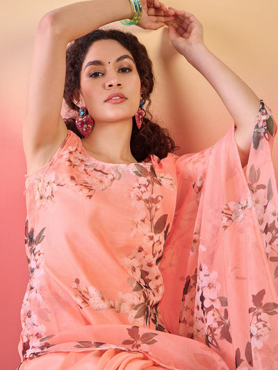 Peach Floral Print Kurta Palazzo