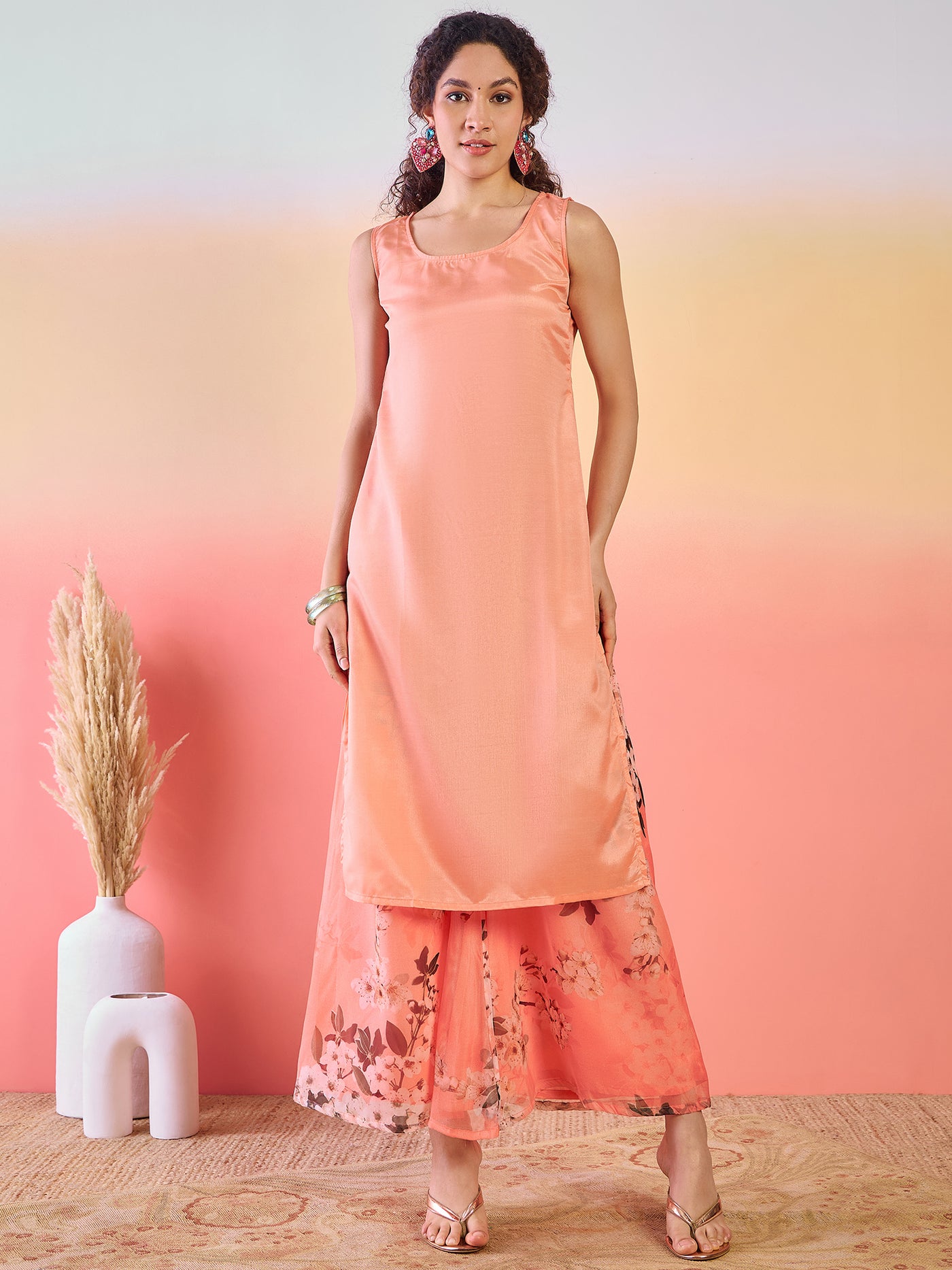 Peach Floral Print Kurta Palazzo