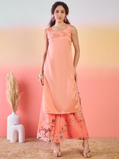 Peach Floral Print Kurta Palazzo