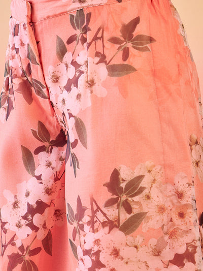Peach Floral Print Kurta Palazzo