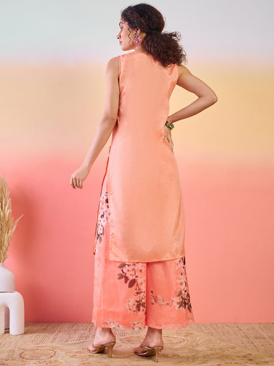 Peach Floral Print Kurta Palazzo