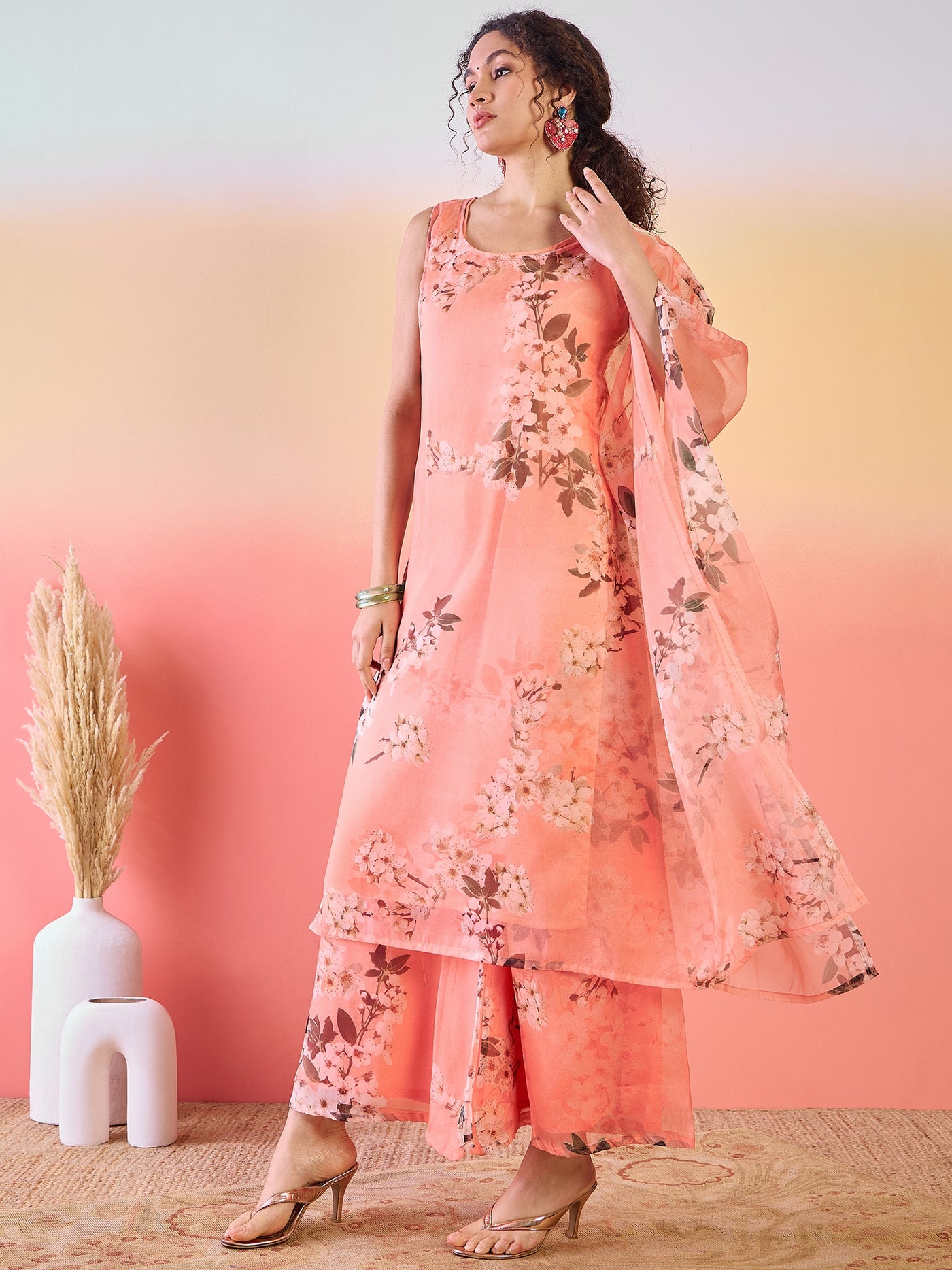Peach Floral Print Kurta Palazzo