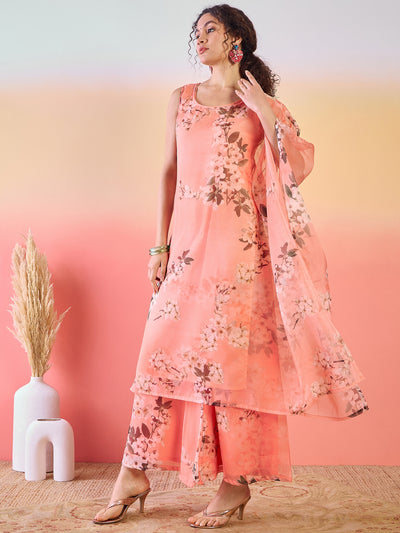 Peach Floral Print Kurta Palazzo