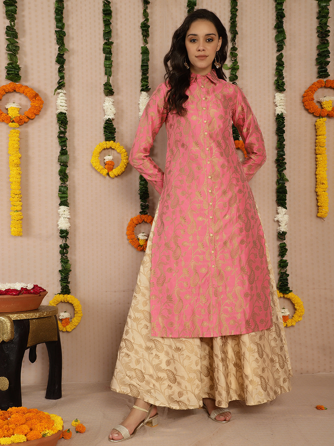 Pink Jacquard Straight Kurta