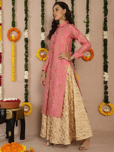 Pink Jacquard Straight Kurta