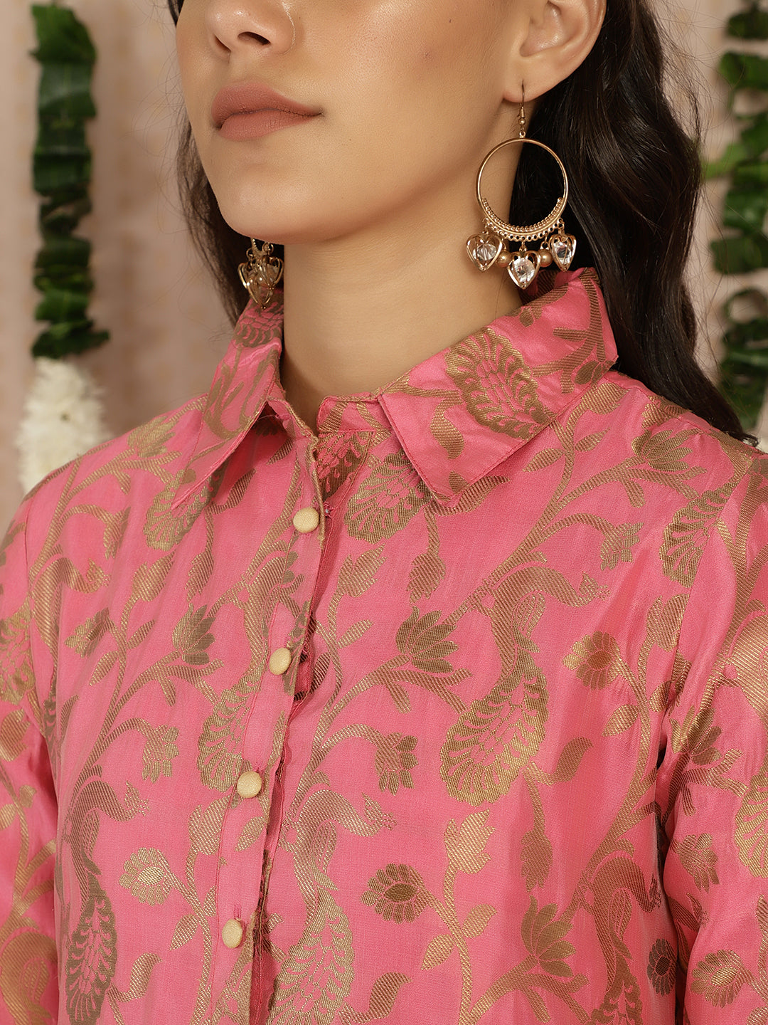 Pink Jacquard Straight Kurta