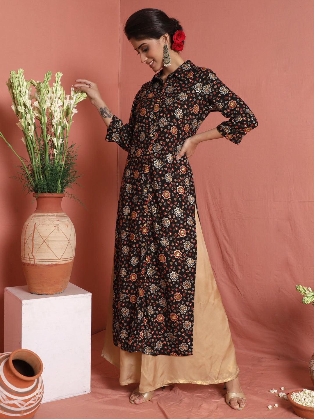 Black Gold Printed Button Down Kurta