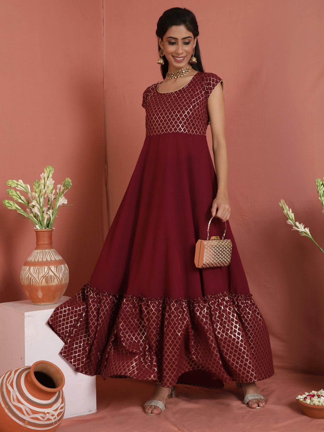 Maroon Gold Foil Print Maxi Dress