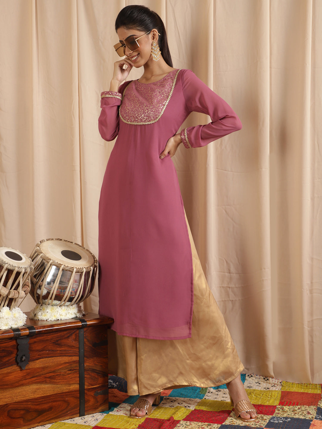 Mauve Gold Foil Print Kurta