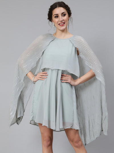 Grey Embellished Layered Dress With Flared Sleeve