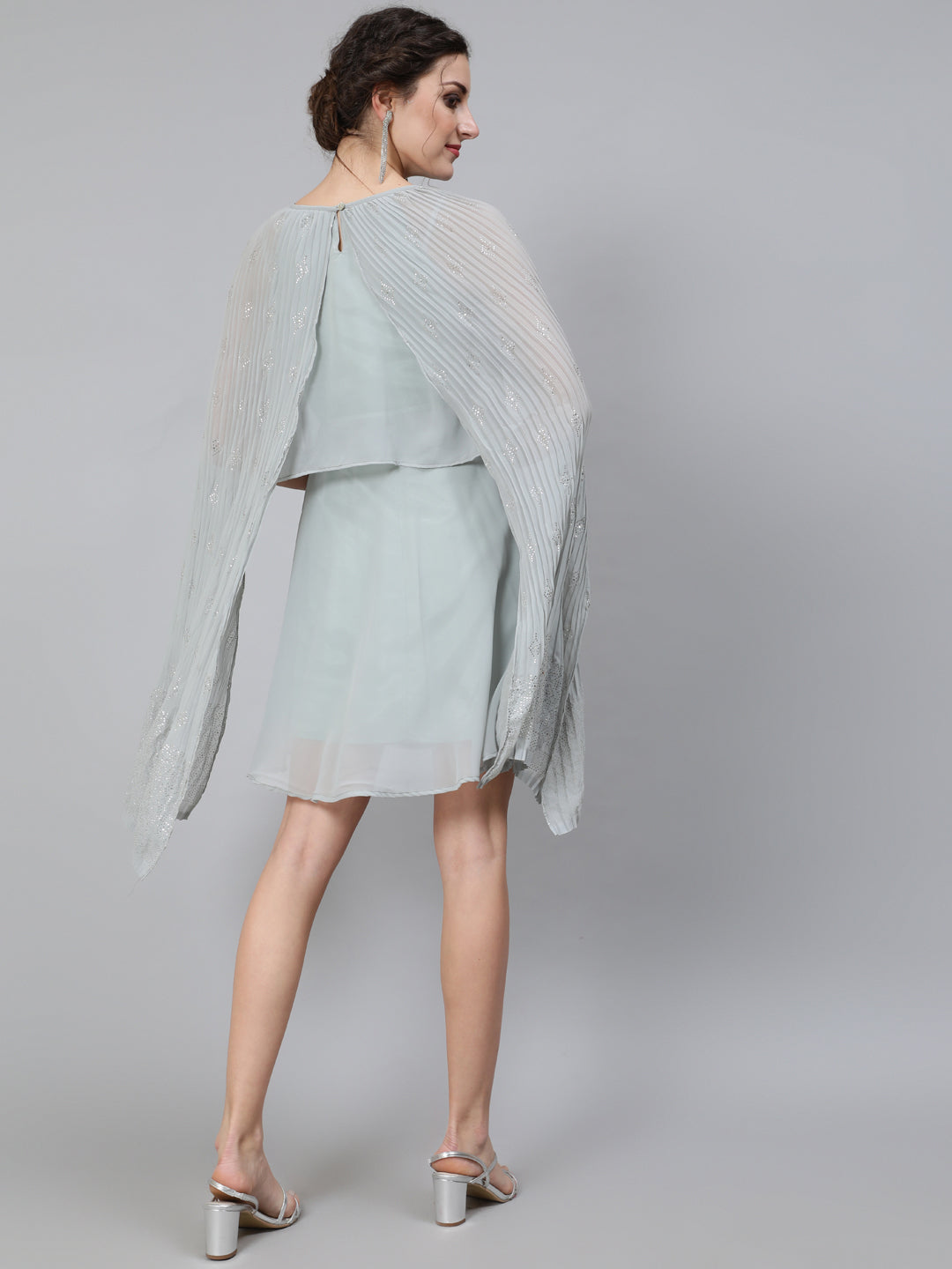 Grey Embellished Layered Dress With Flared Sleeve