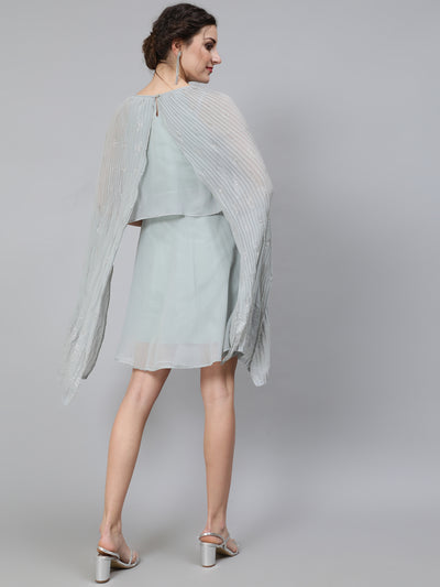 Grey Embellished Layered Dress With Flared Sleeve
