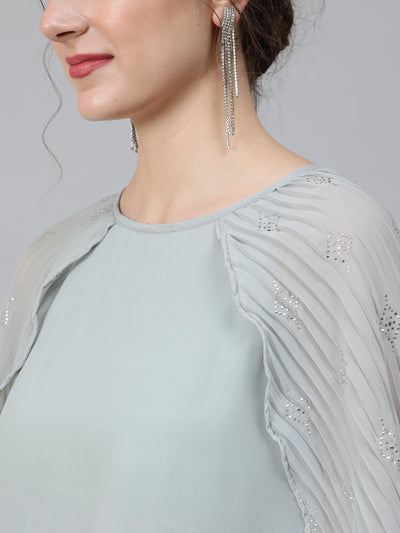 Grey Embellished Layered Dress With Flared Sleeve