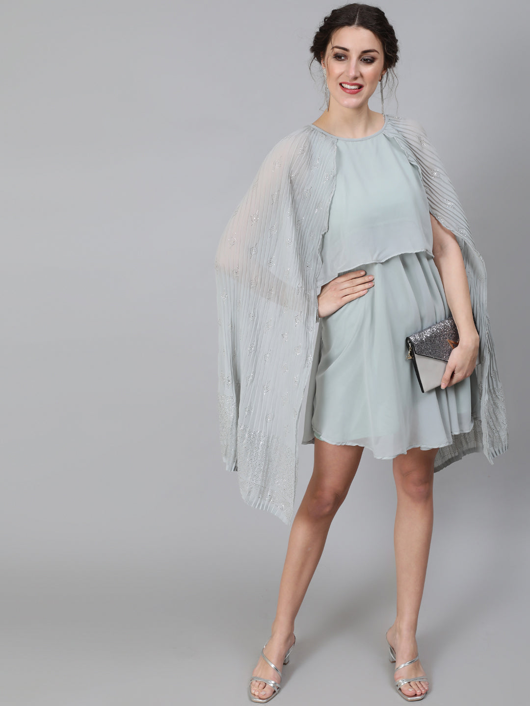 Grey Embellished Layered Dress With Flared Sleeve