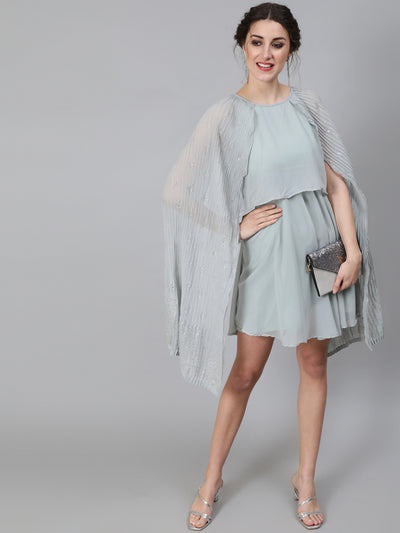 Grey Embellished Layered Dress With Flared Sleeve