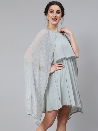 Grey Embellished Layered Dress With Flared Sleeve