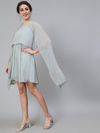 Grey Embellished Layered Dress With Flared Sleeve