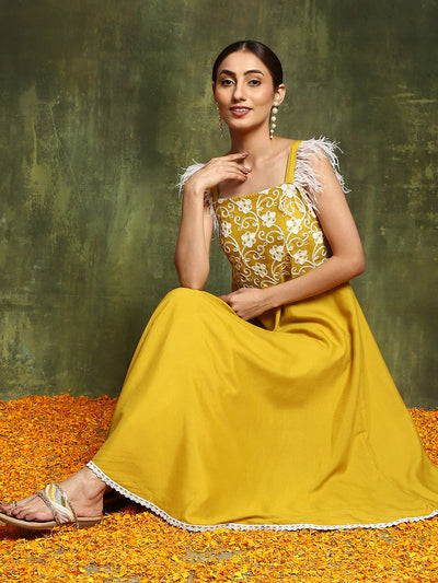 Yellow Embroidered A-Line Kurta