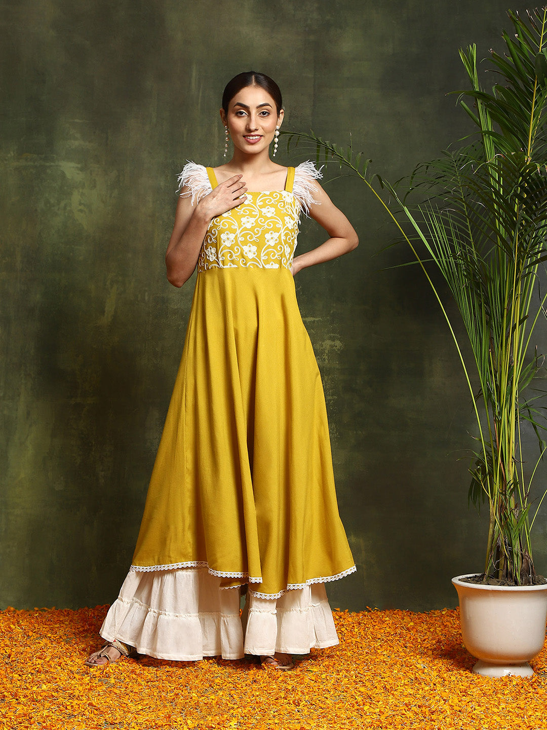 Yellow Embroidered A-Line Kurta