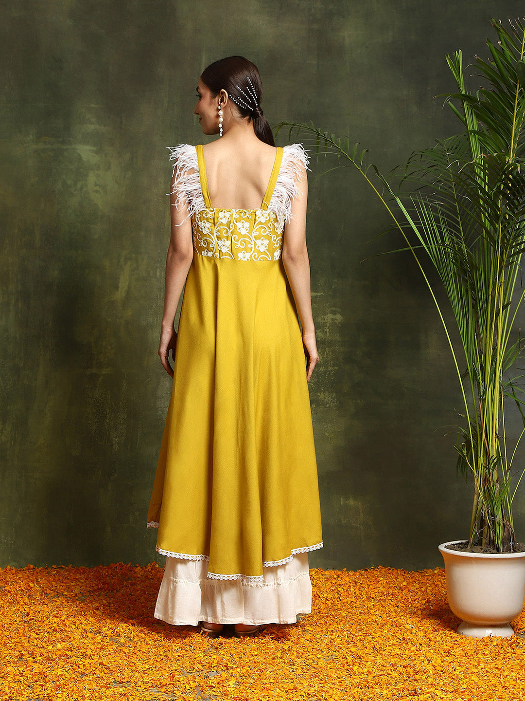 Yellow Embroidered A-Line Kurta