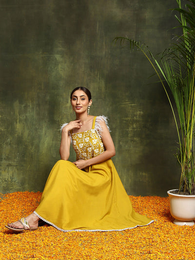 Yellow Embroidered A-Line Kurta