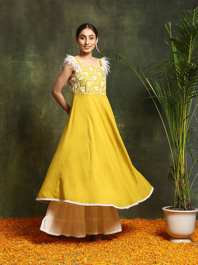 Yellow Embroidered A-Line Kurta