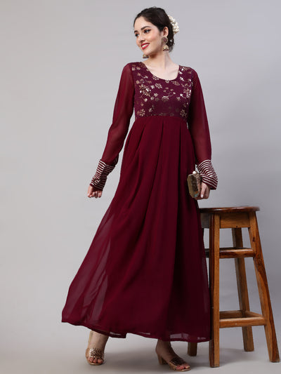 Burgundy Sequence Work Flared Maxi Dress