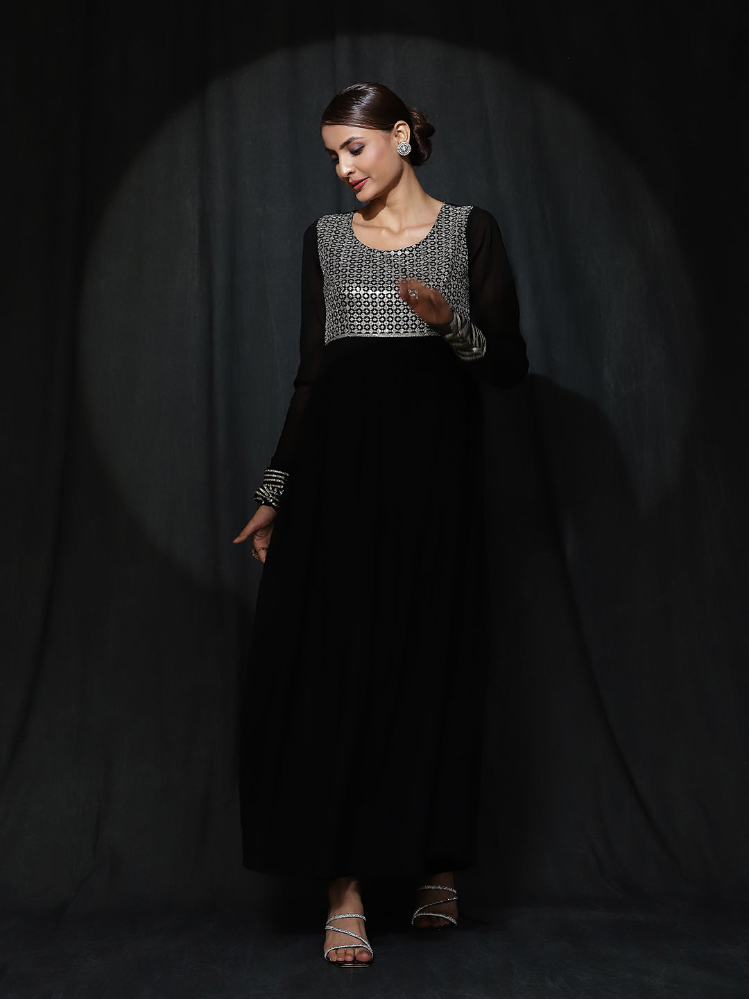 Black Sequin Box Pleated Maxi Dress