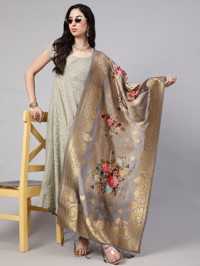 Grey Dobby Designed Maxi Dress With Brocade Dupatta