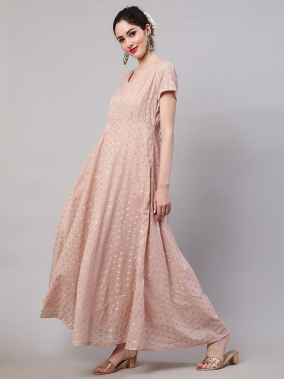 Peach Dobby Designed Maxi Dress With Brocade Dupatta