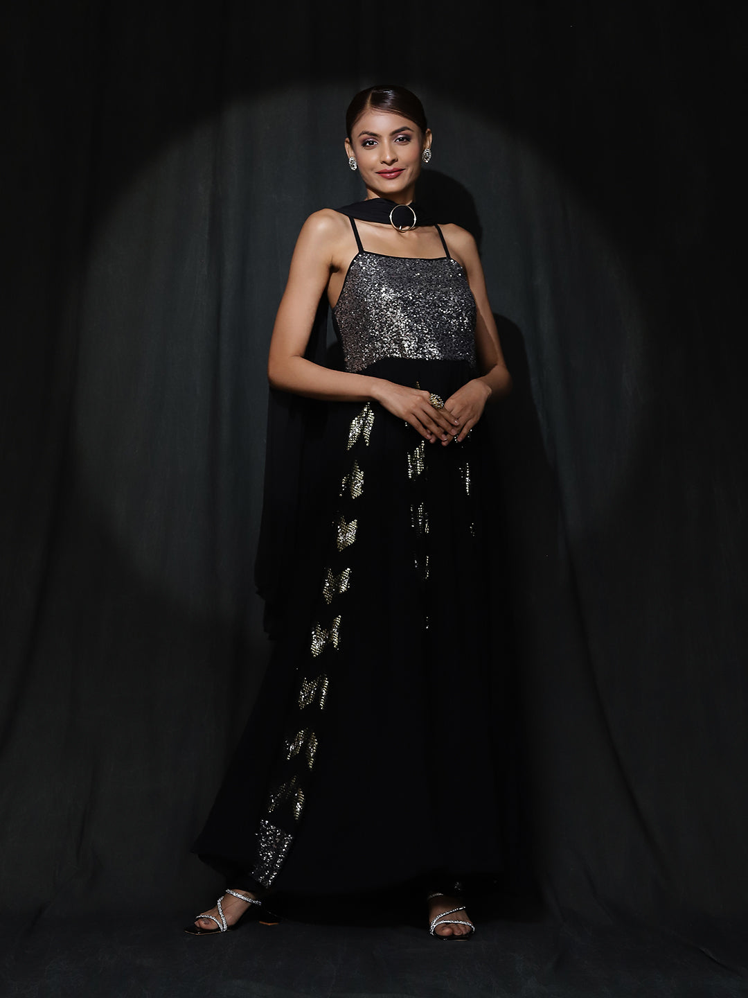 Black Sequin Pleated Maxi Dress With Dupatta