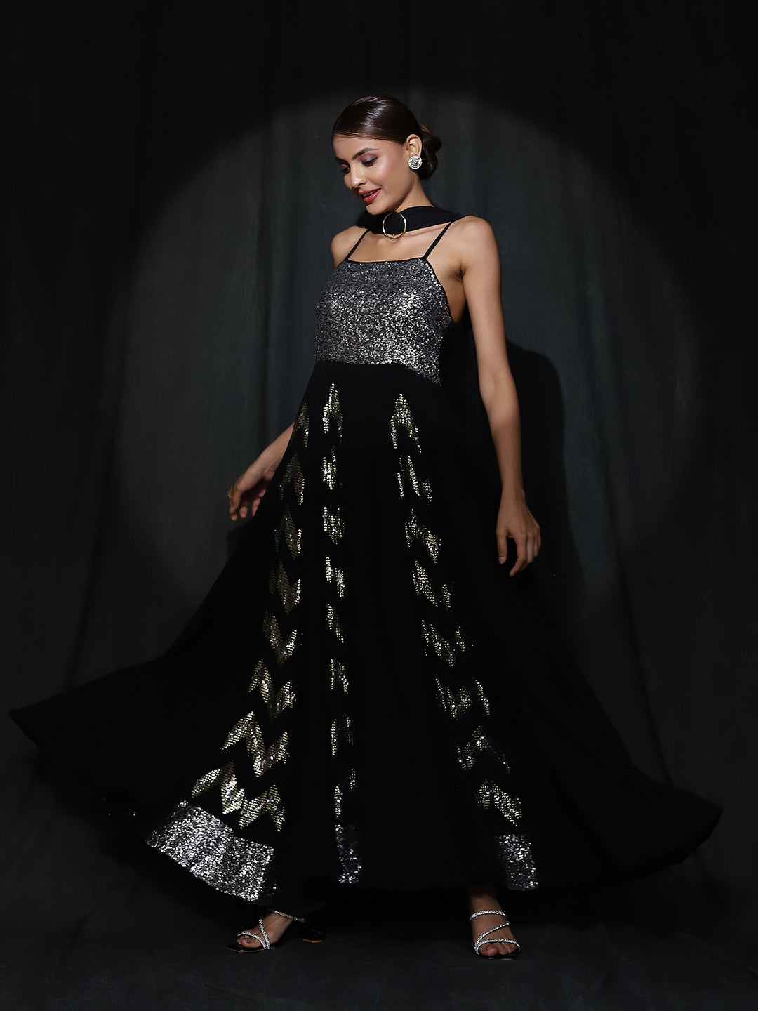 Black Sequin Pleated Maxi Dress With Dupatta