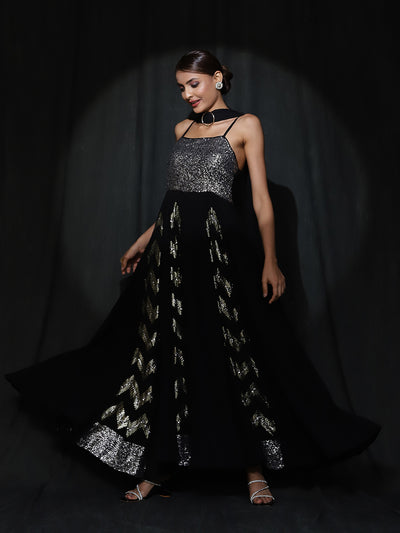 Black Sequin Pleated Maxi Dress With Dupatta