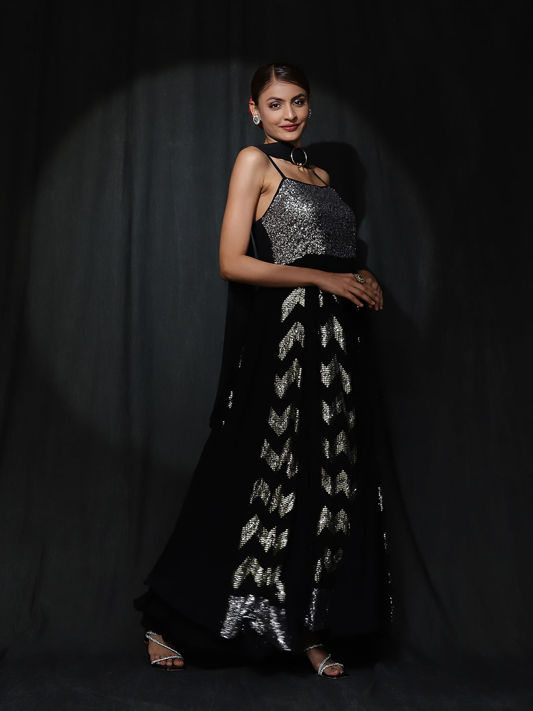 Black Sequin Pleated Maxi Dress With Dupatta