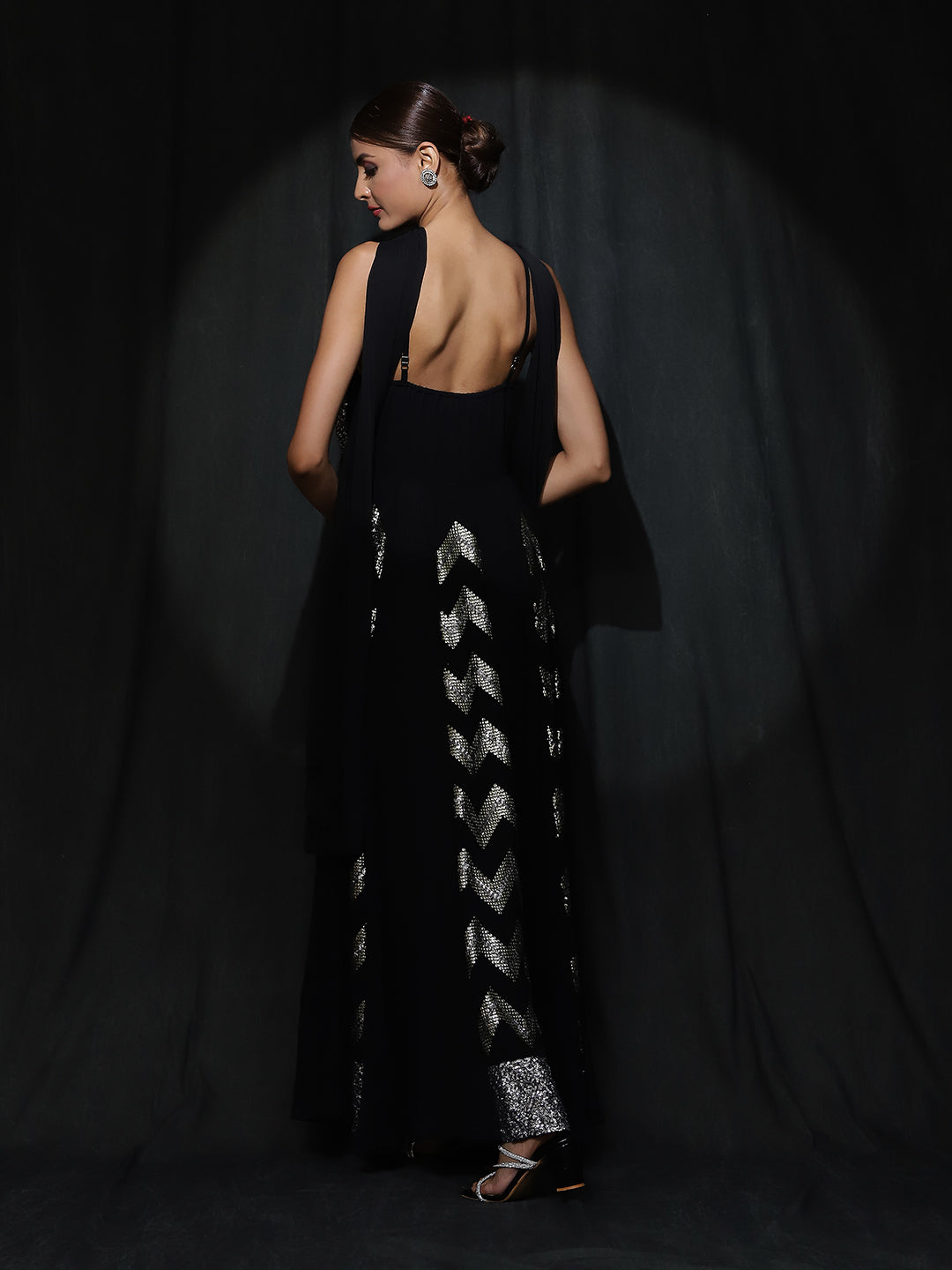 Black Sequin Pleated Maxi Dress With Dupatta