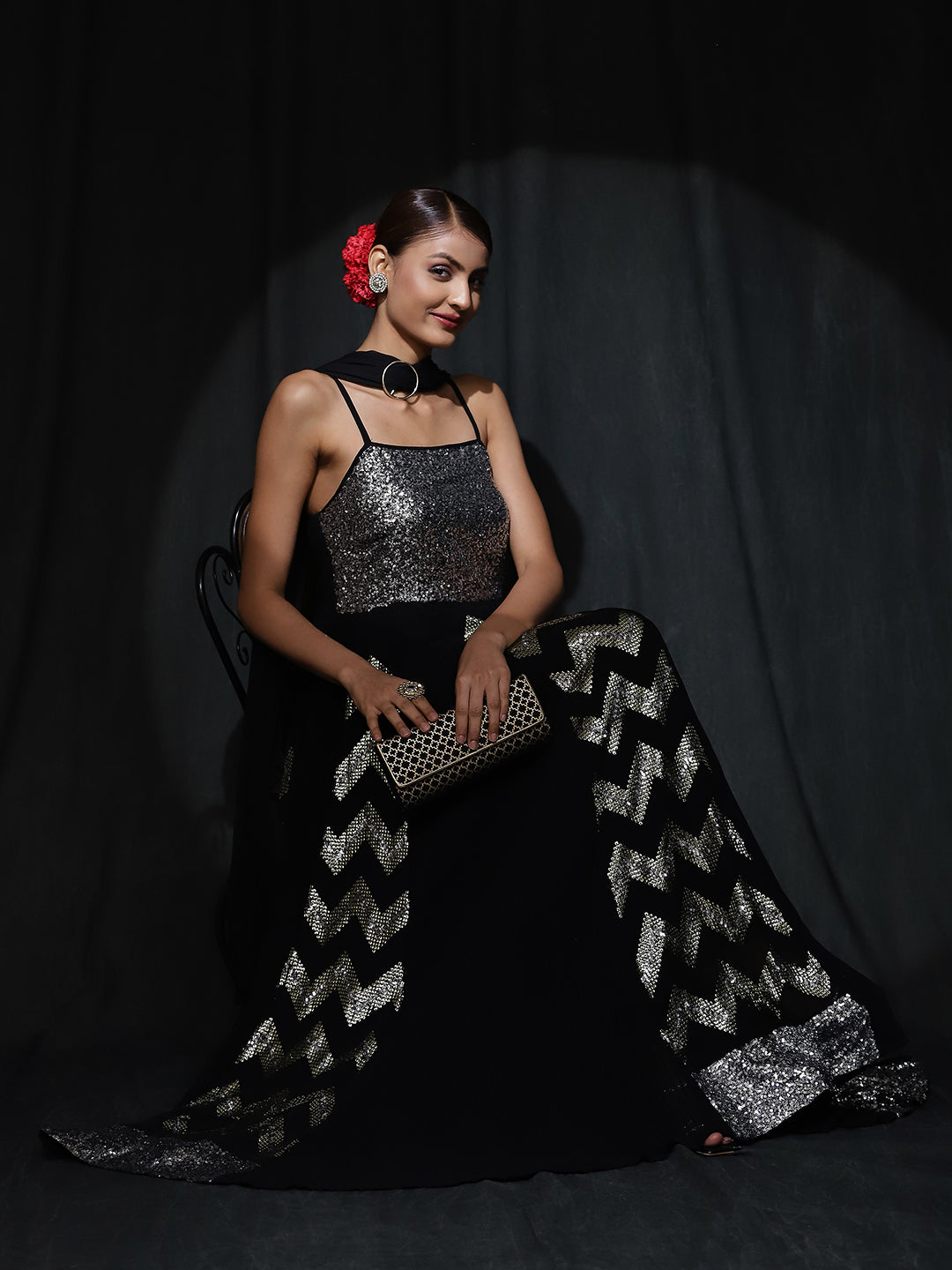 Black Sequin Pleated Maxi Dress With Dupatta