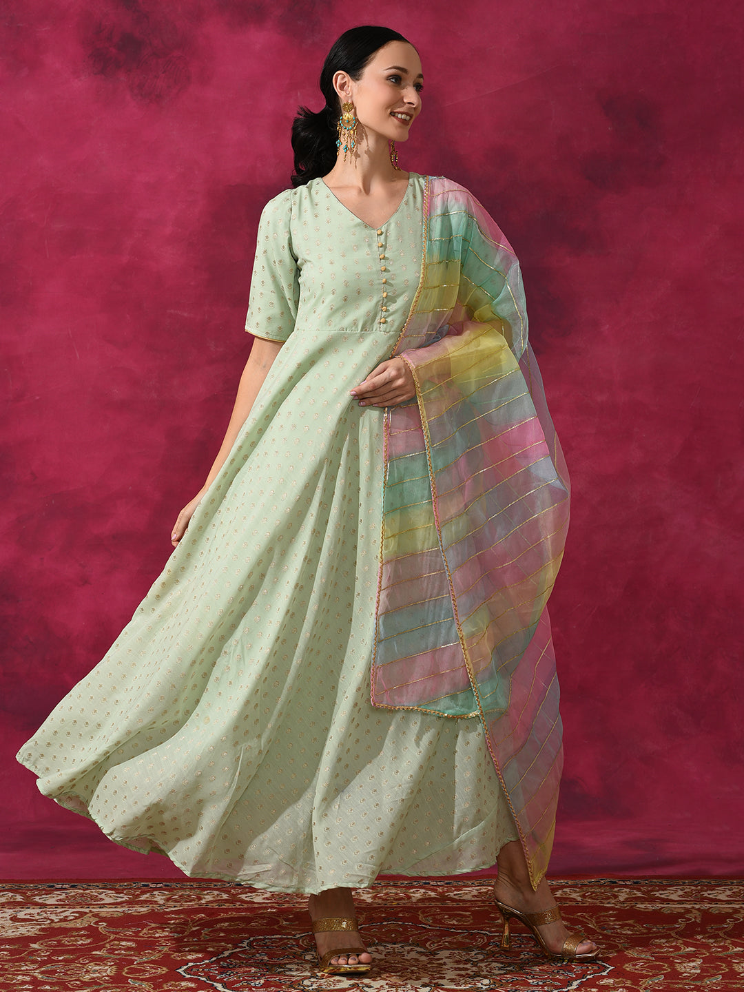 Green Flared Maxi Dress With Dupatta & Belt