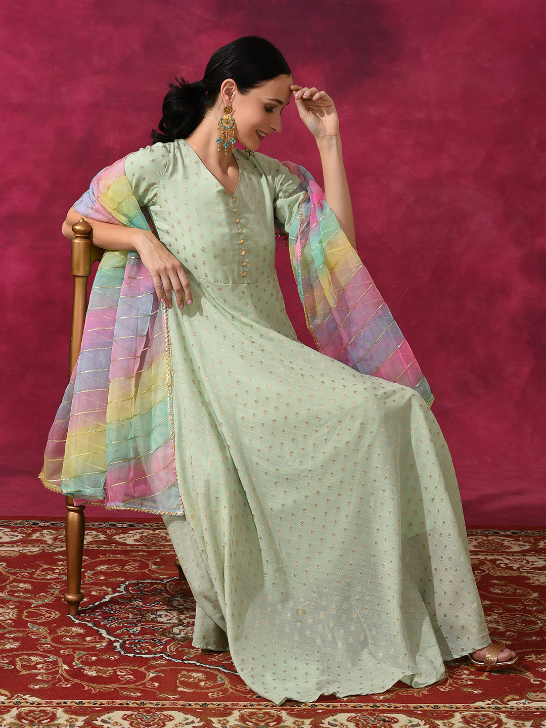 Green Flared Maxi Dress With Dupatta & Belt