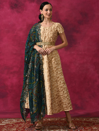 Beige Flared Maxi Dress With Dupatta