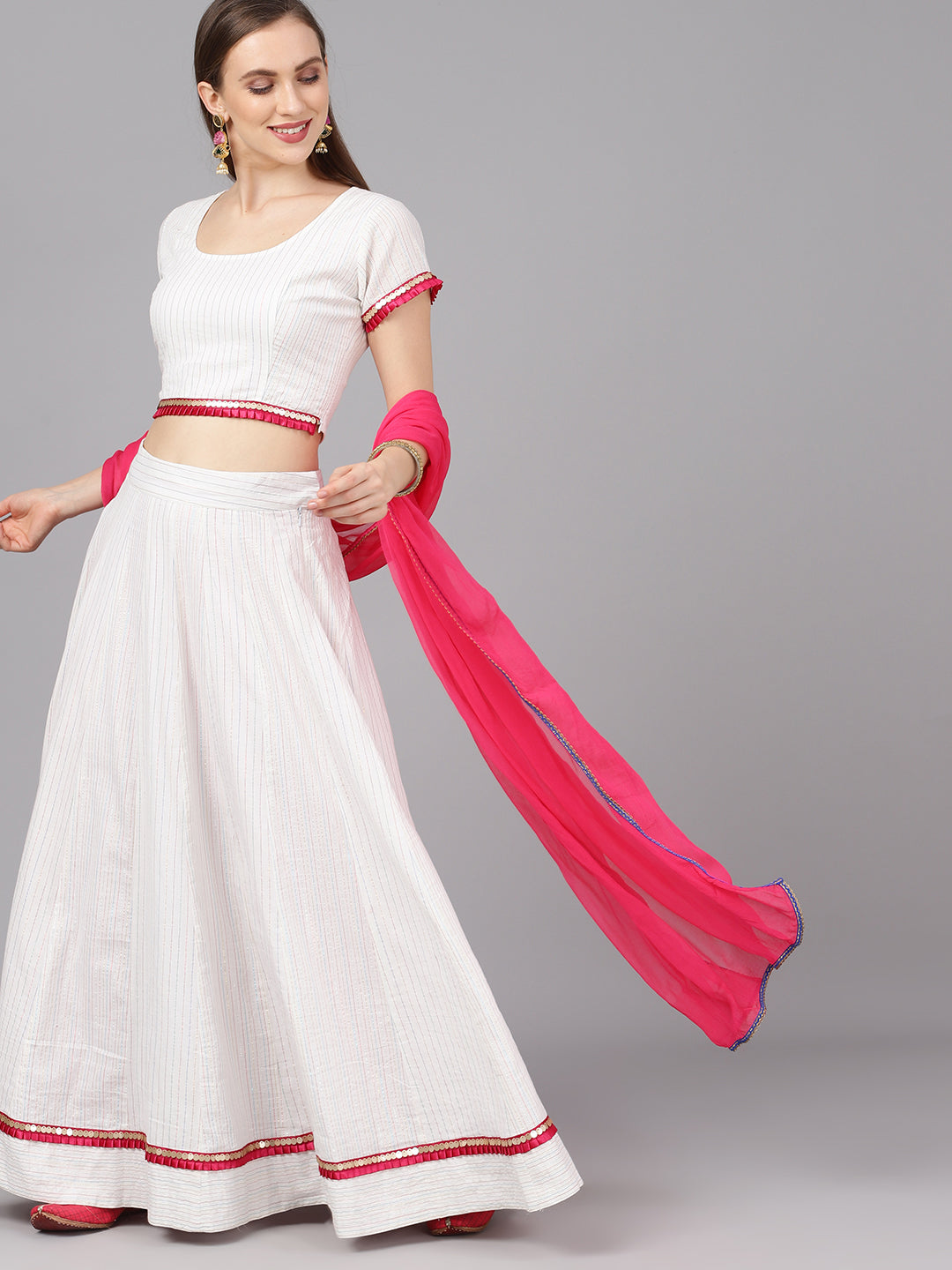 White Striped Lehenga Choli With Dupatta