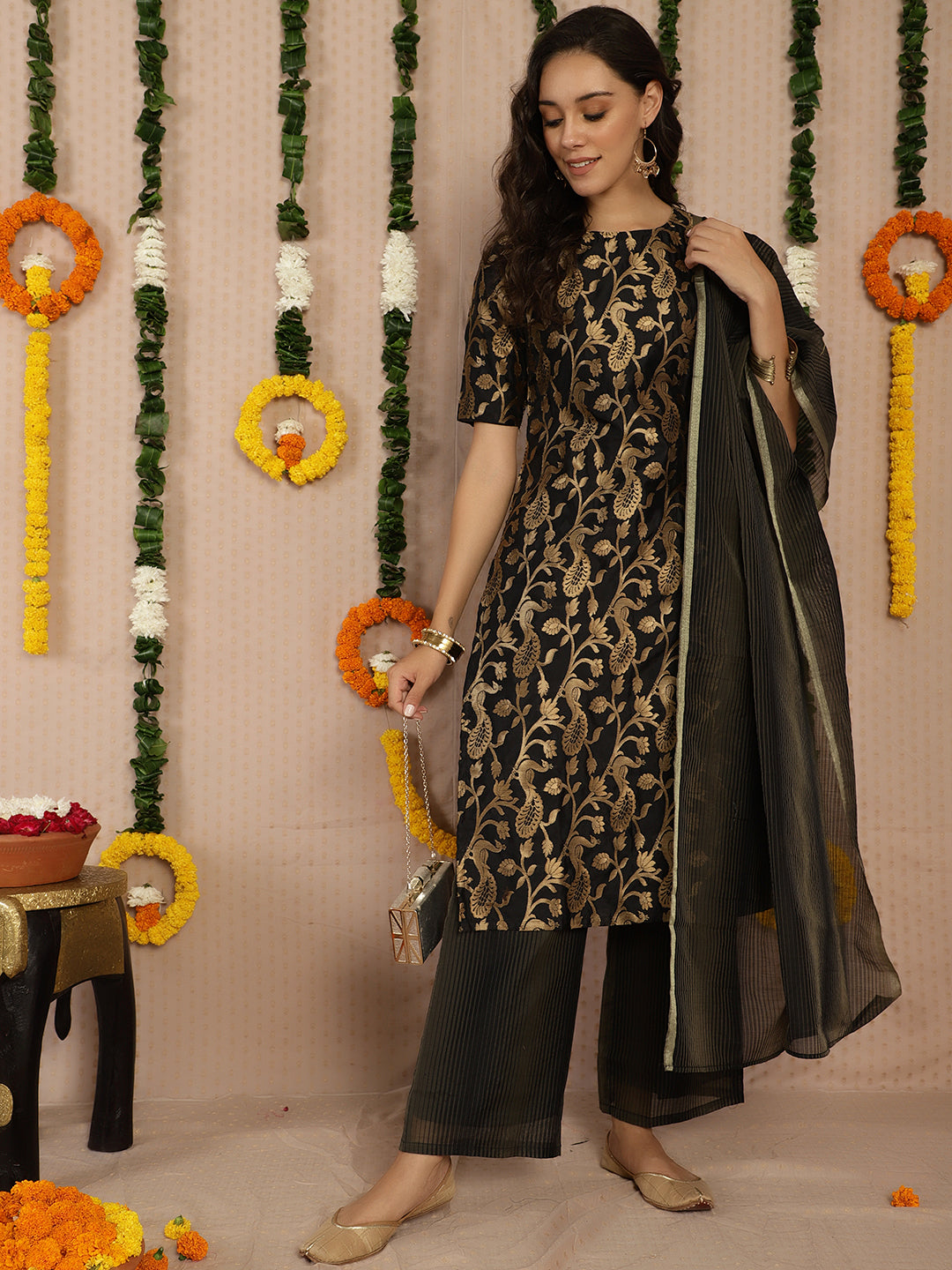 Black Jacquard Kurta Palazzo With Dupatta