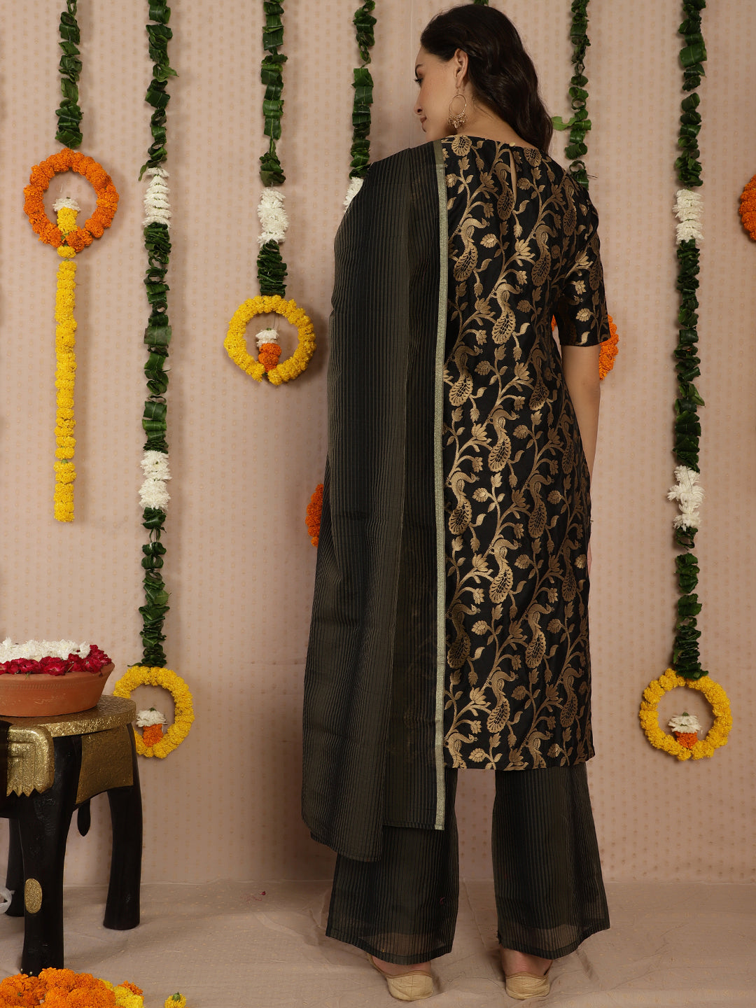 Black Jacquard Kurta Palazzo With Dupatta