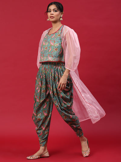 Light Blue Floral Print Dhoti Co-Ord Set With Jacket