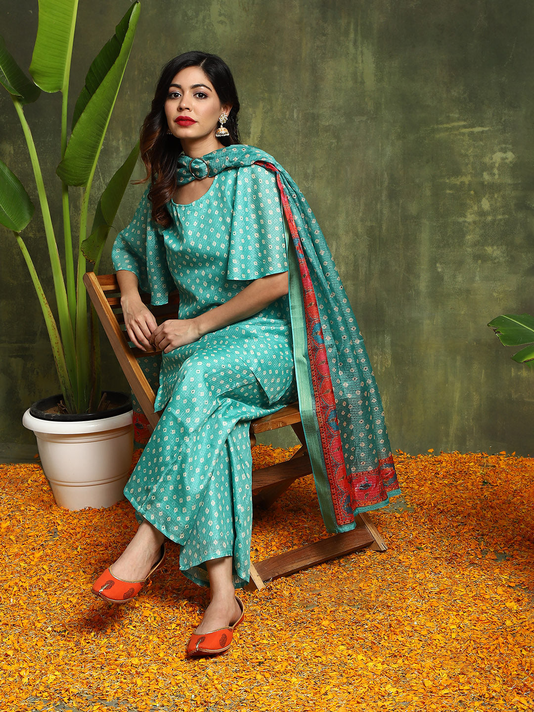 Green Bandhani Print Kurta Palazzo With Dupatta